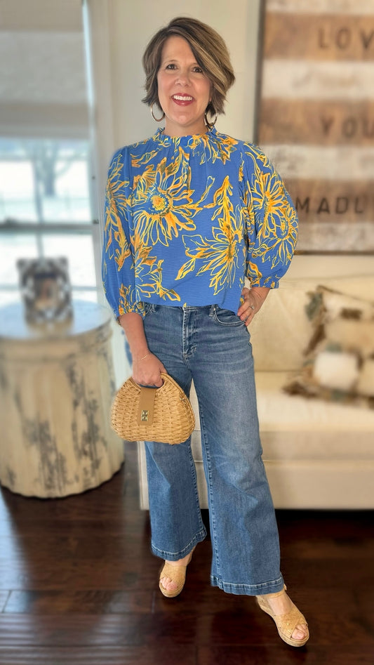 Floral Ruffle Neck Blouse - Blue