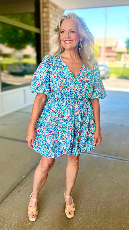 Little Floral Bubble Dress - Aqua