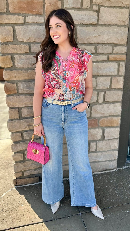 Pink Pleated Sleeve Floral Top