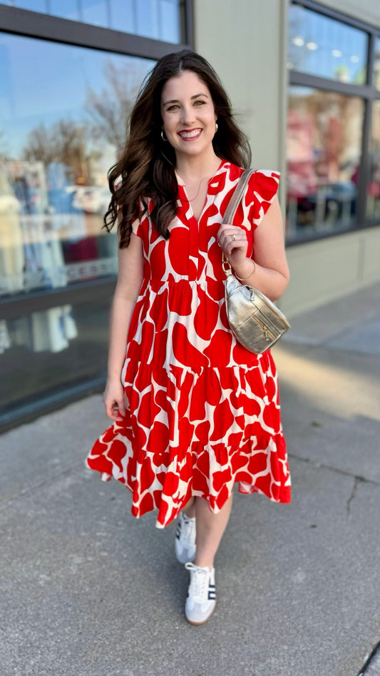 Abstract Vneck Midi Dress - Red and Ivory