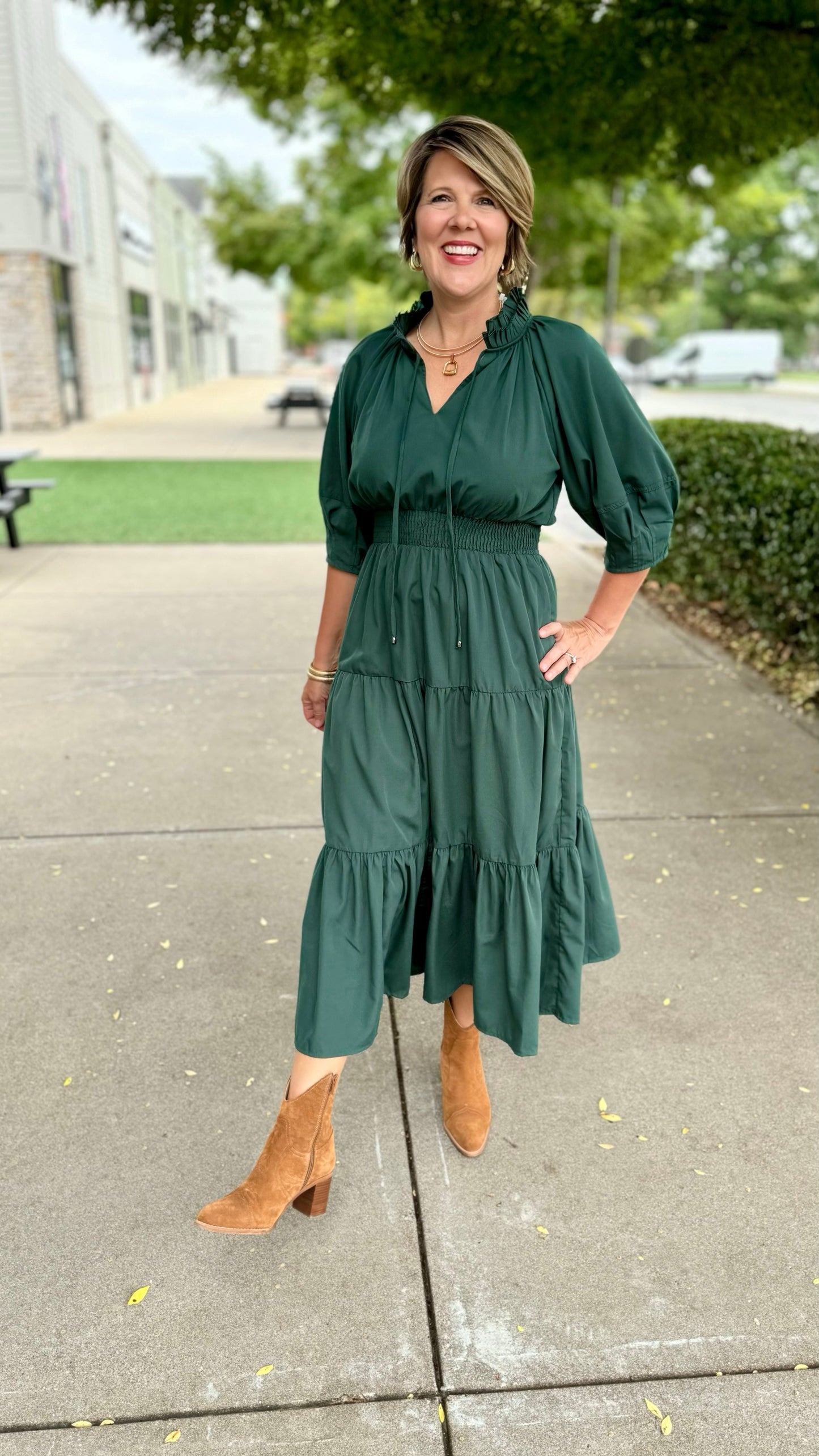 Forest Green Tie Neck Midi Dress