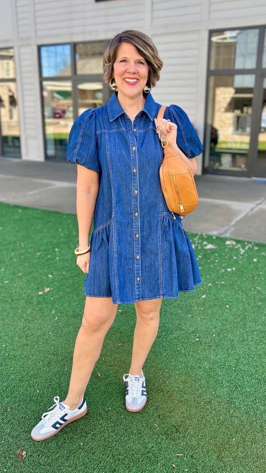 Pretty Puff Sleeve Denim Dress - Indigo