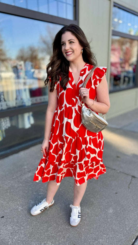 Abstract Vneck Midi Dress - Red and Ivory