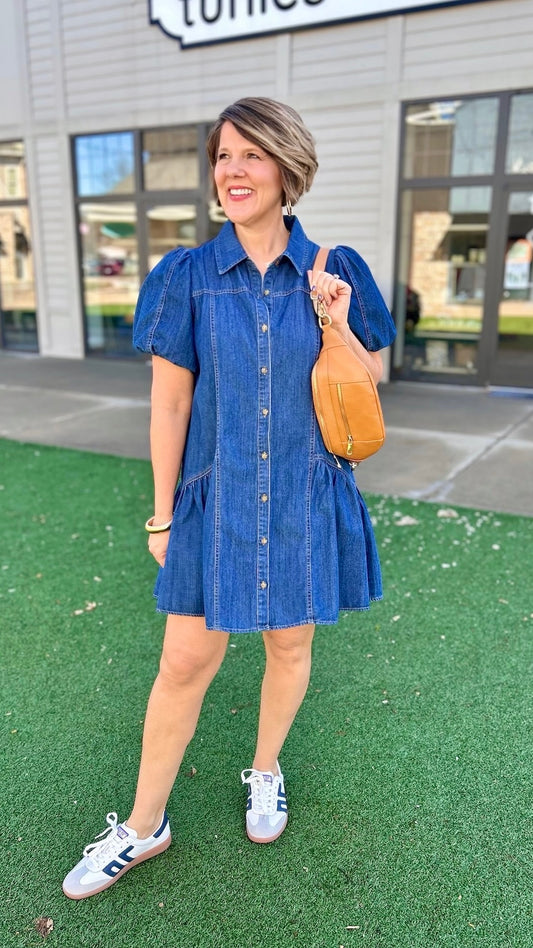 Pretty Puff Sleeve Denim Dress - Indigo