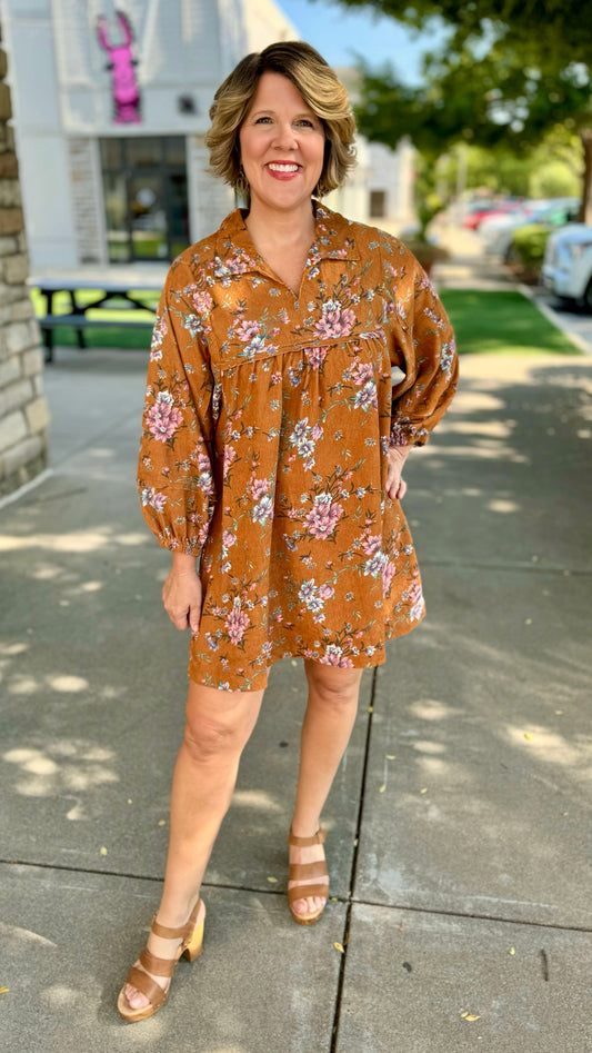 Camel Floral Corduroy Dress