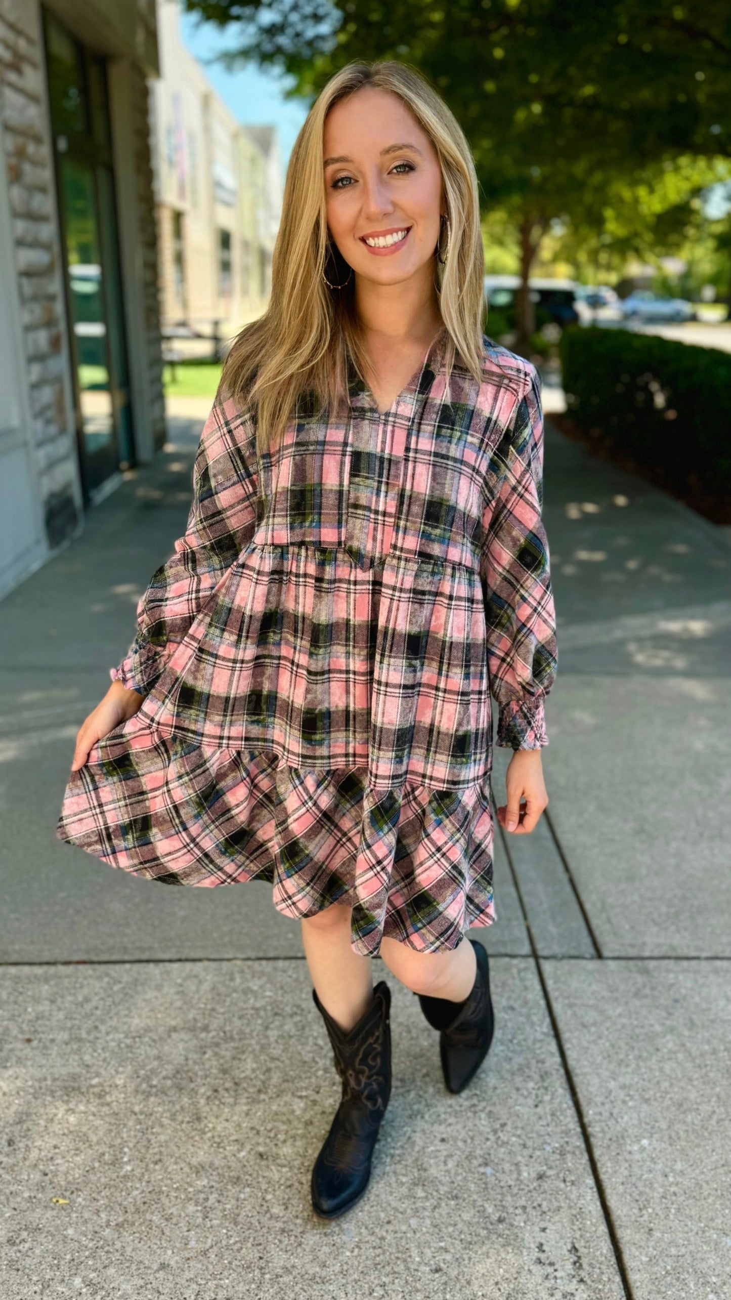 Acid Wash Flannel Dress - Pink