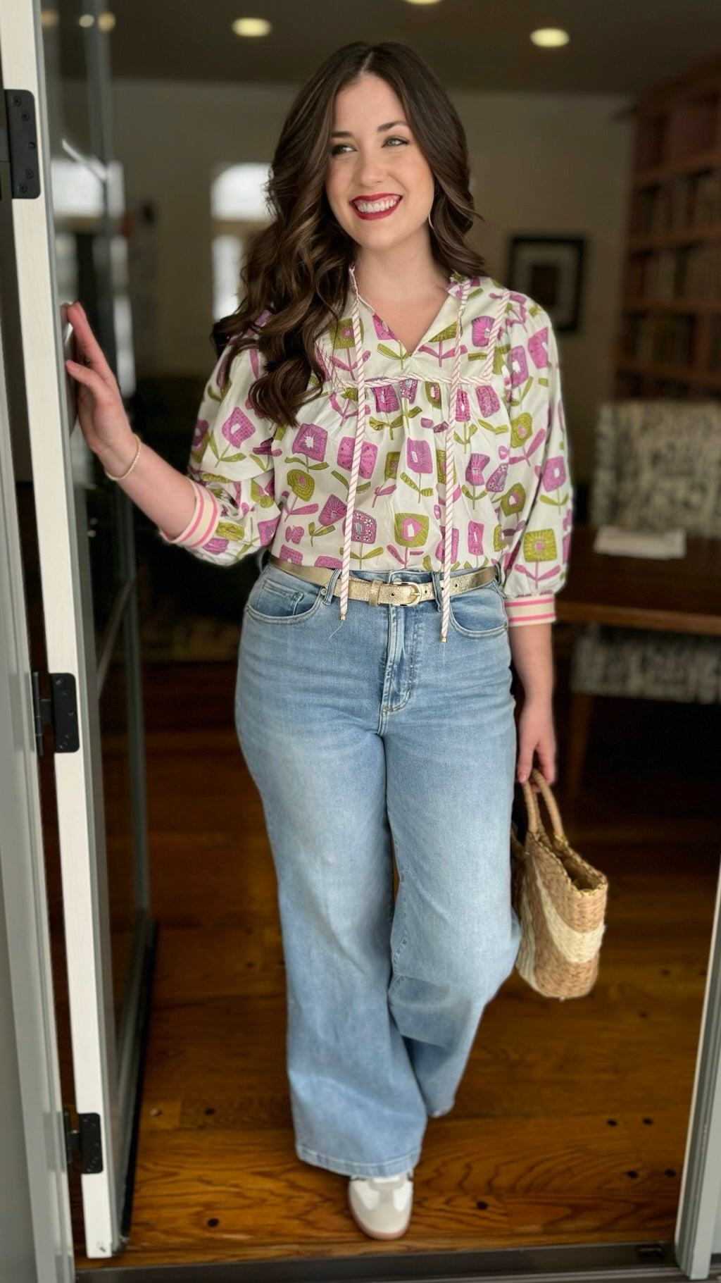 Ivory Tie Neck Blouse - Pink & Green Flower Pops