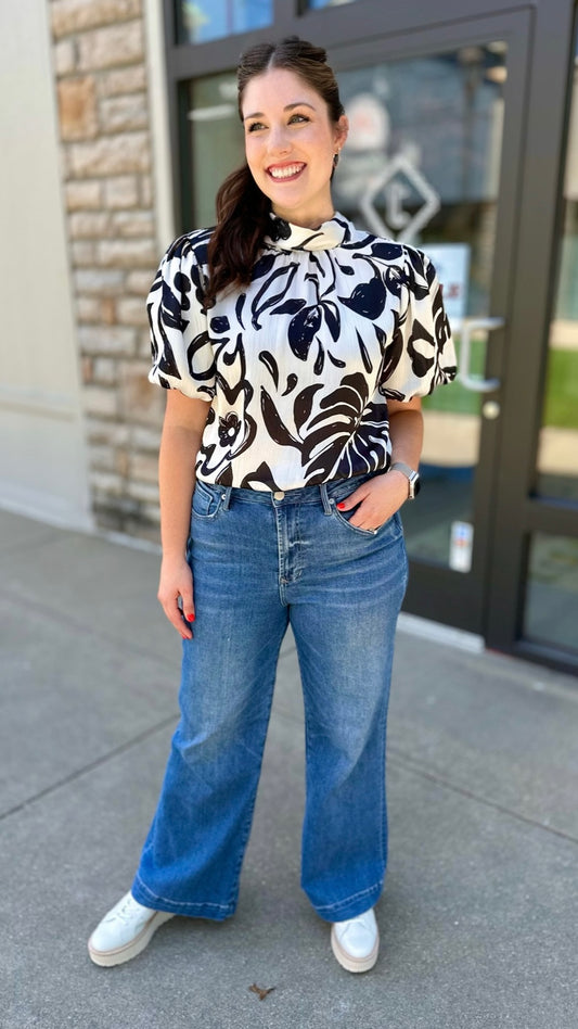 Black Palm Tie Neck Blouse