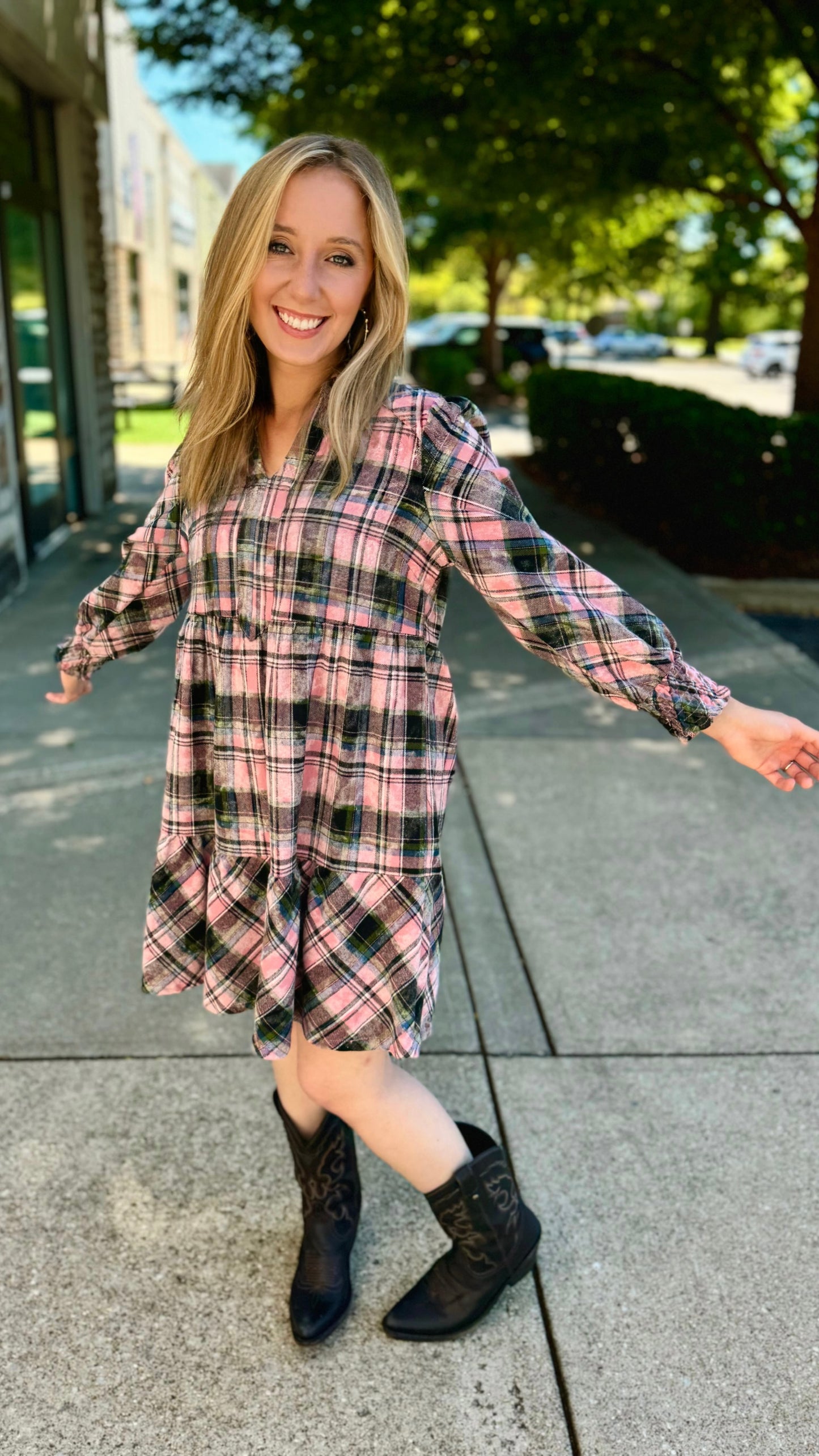 Acid Wash Flannel Dress - Pink