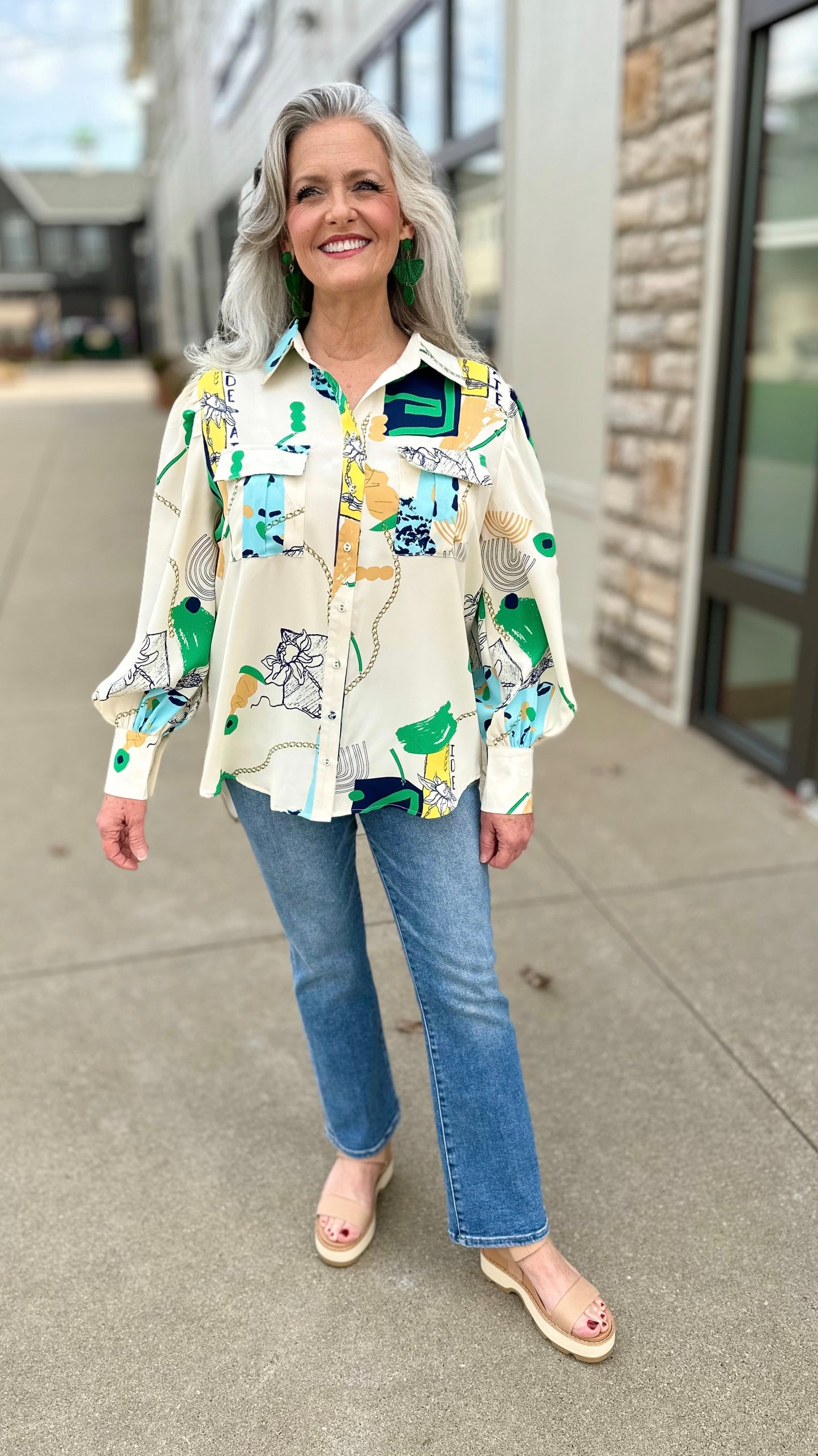 Ivory Abstract Floral Button Blouse