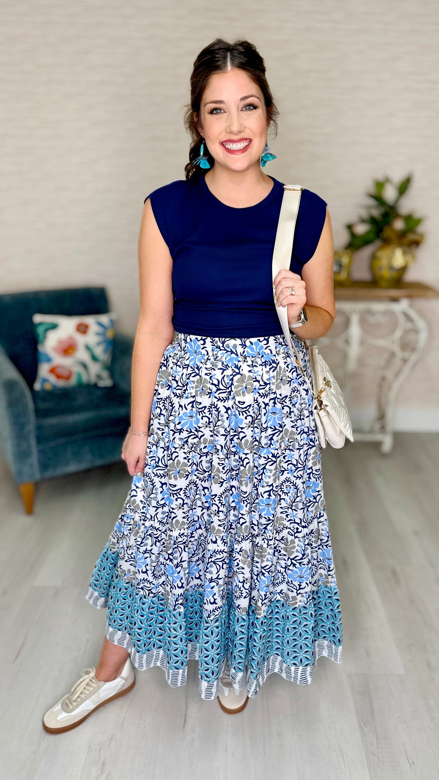 Ivy Jane Many Blues Floral Tiered Maxi Skirt