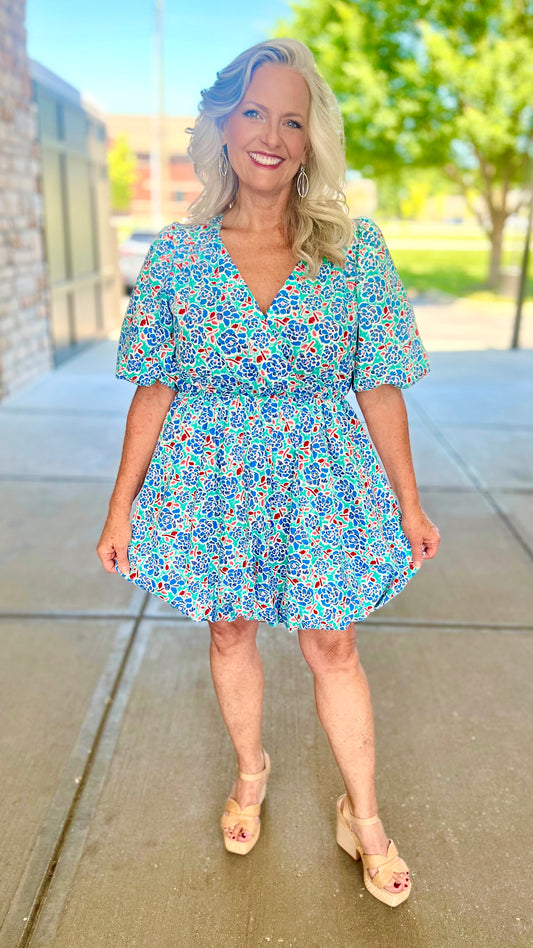 Little Floral Bubble Dress - Aqua