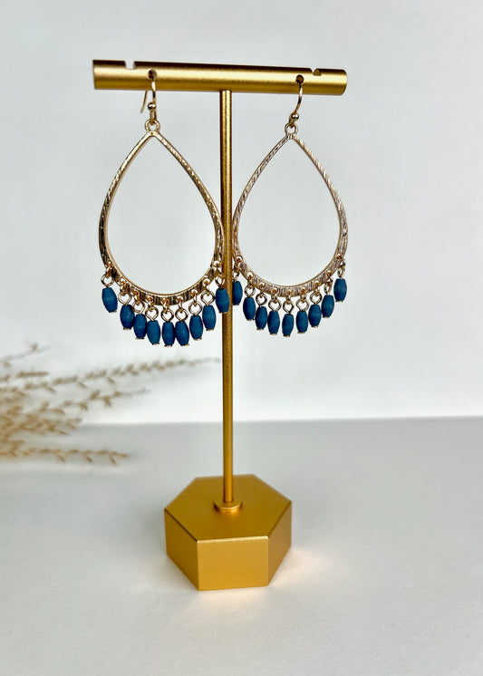 Brushed Gold Teardrop Earring - Blue Beads