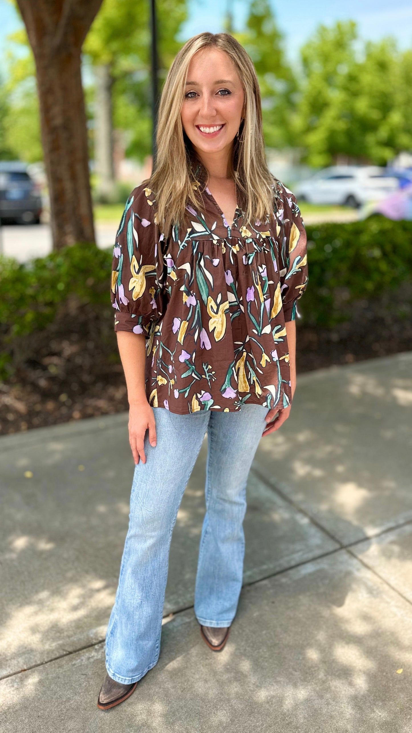 Espresso Floral Balloon Sleeve Blouse