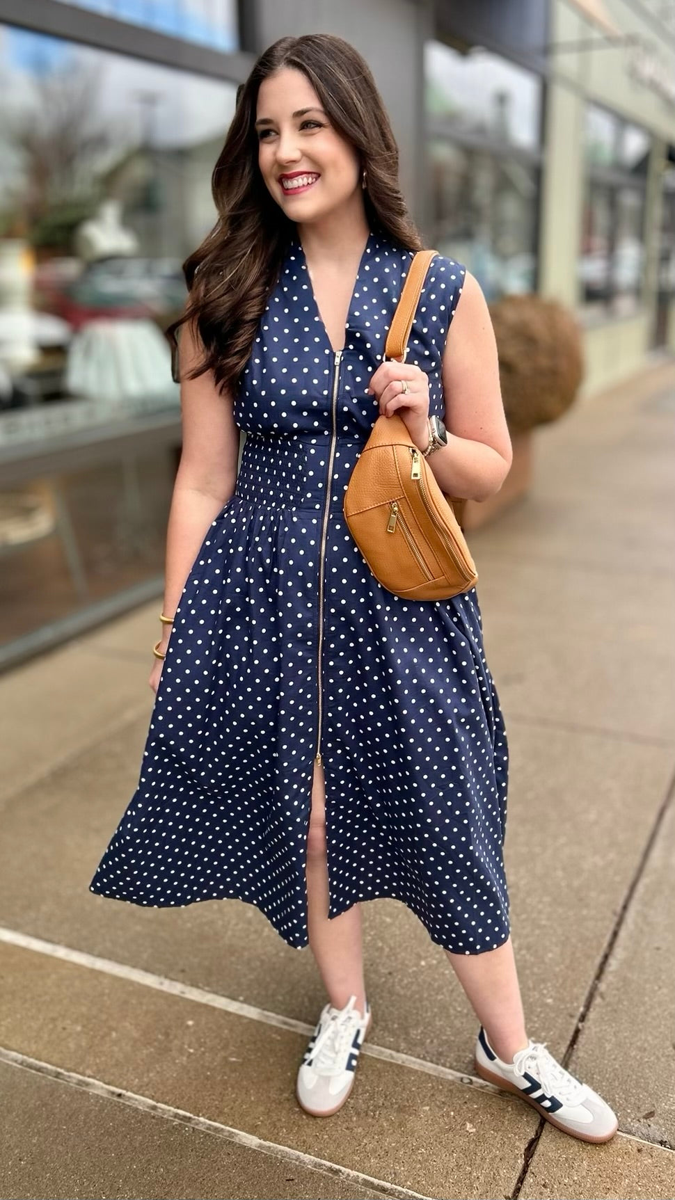 Zip Up Midi Dress - Navy Polka Dot