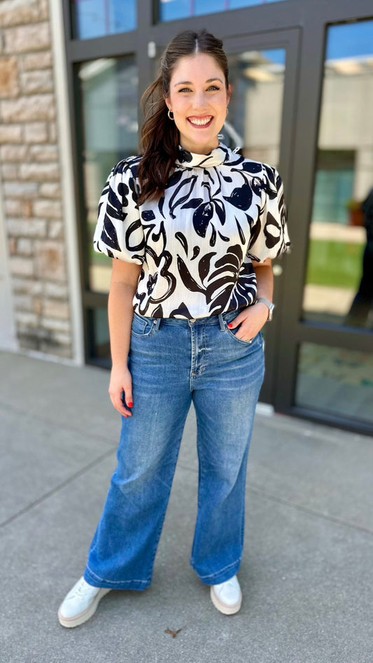 Black Palm Tie Neck Blouse