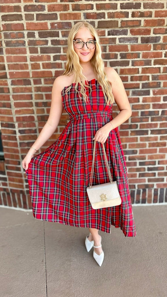 Red Plaid Scallop Strapless Dress