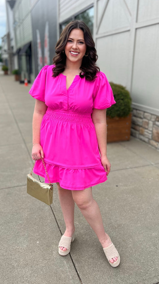 Perfect Puff Sleeve Dress - Hot Pink