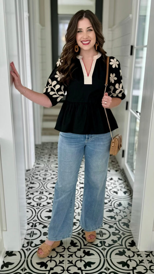 Flirty Embroidered Sleeve Top - Black