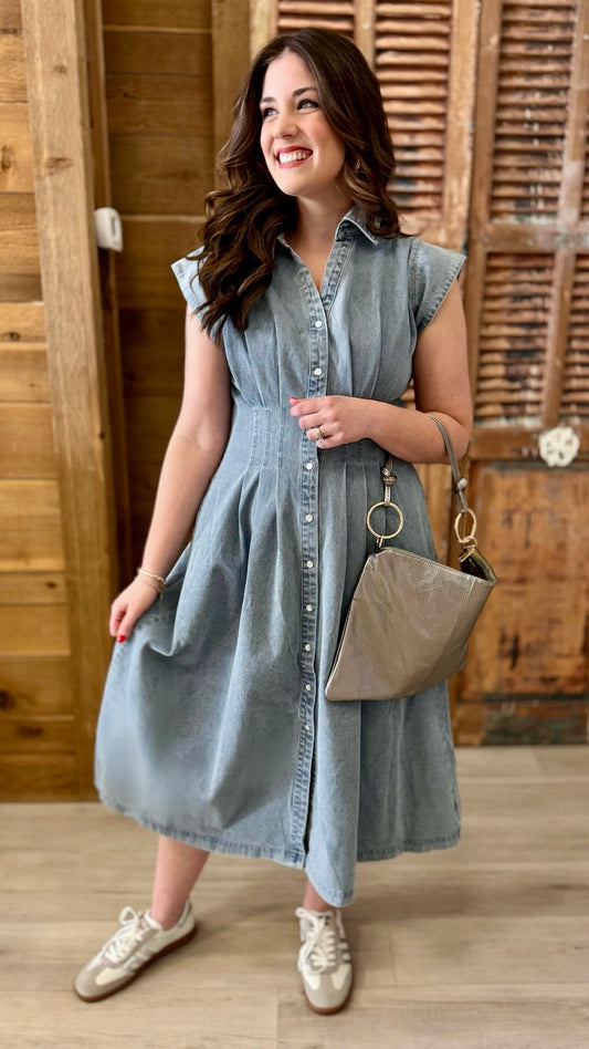 Zip Front Midi Dress - Light Denim