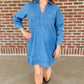 Long Sleeve Double Pocket Denim Dress - Blue Jean