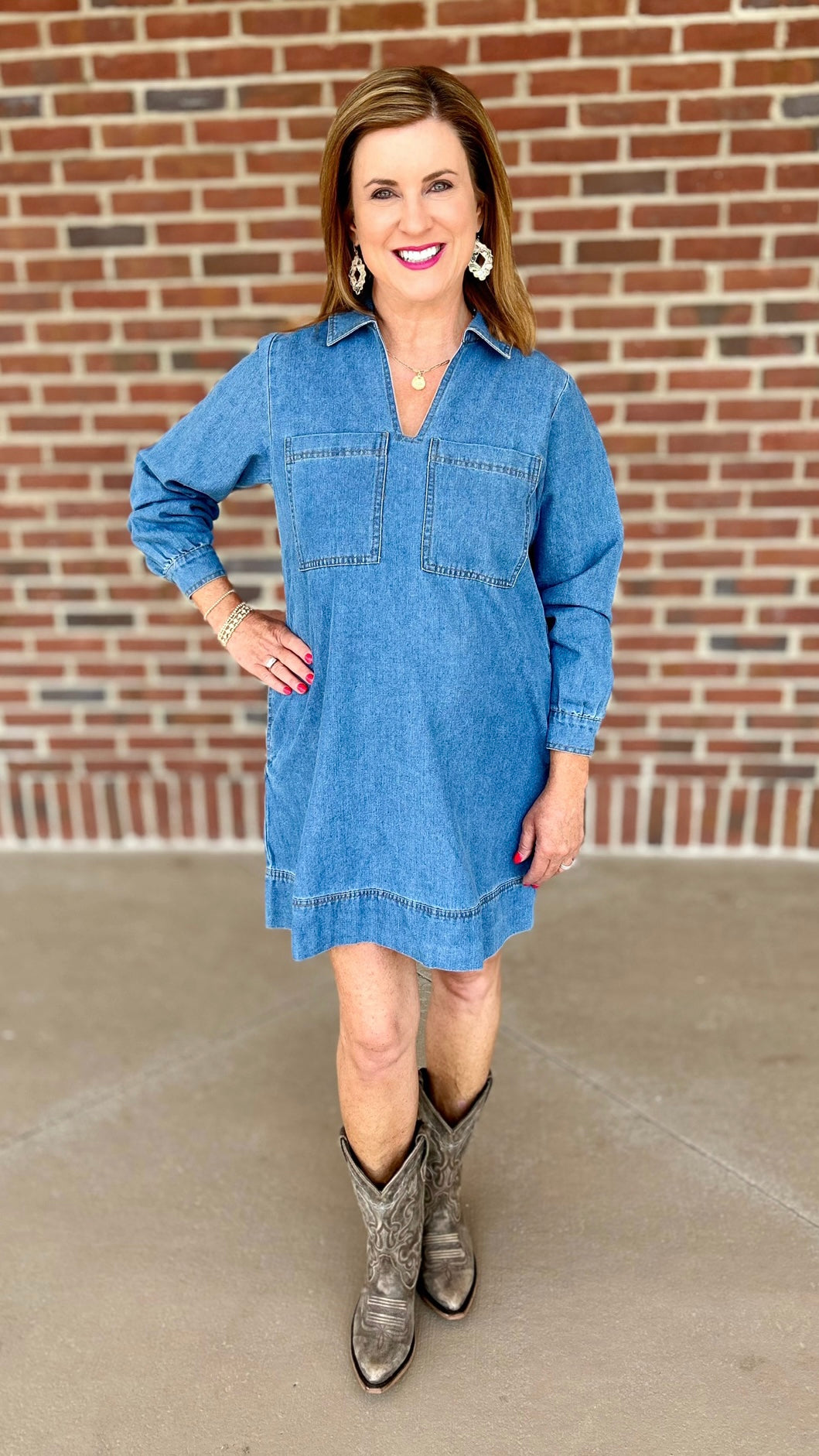 Long Sleeve Double Pocket Denim Dress - Blue Jean