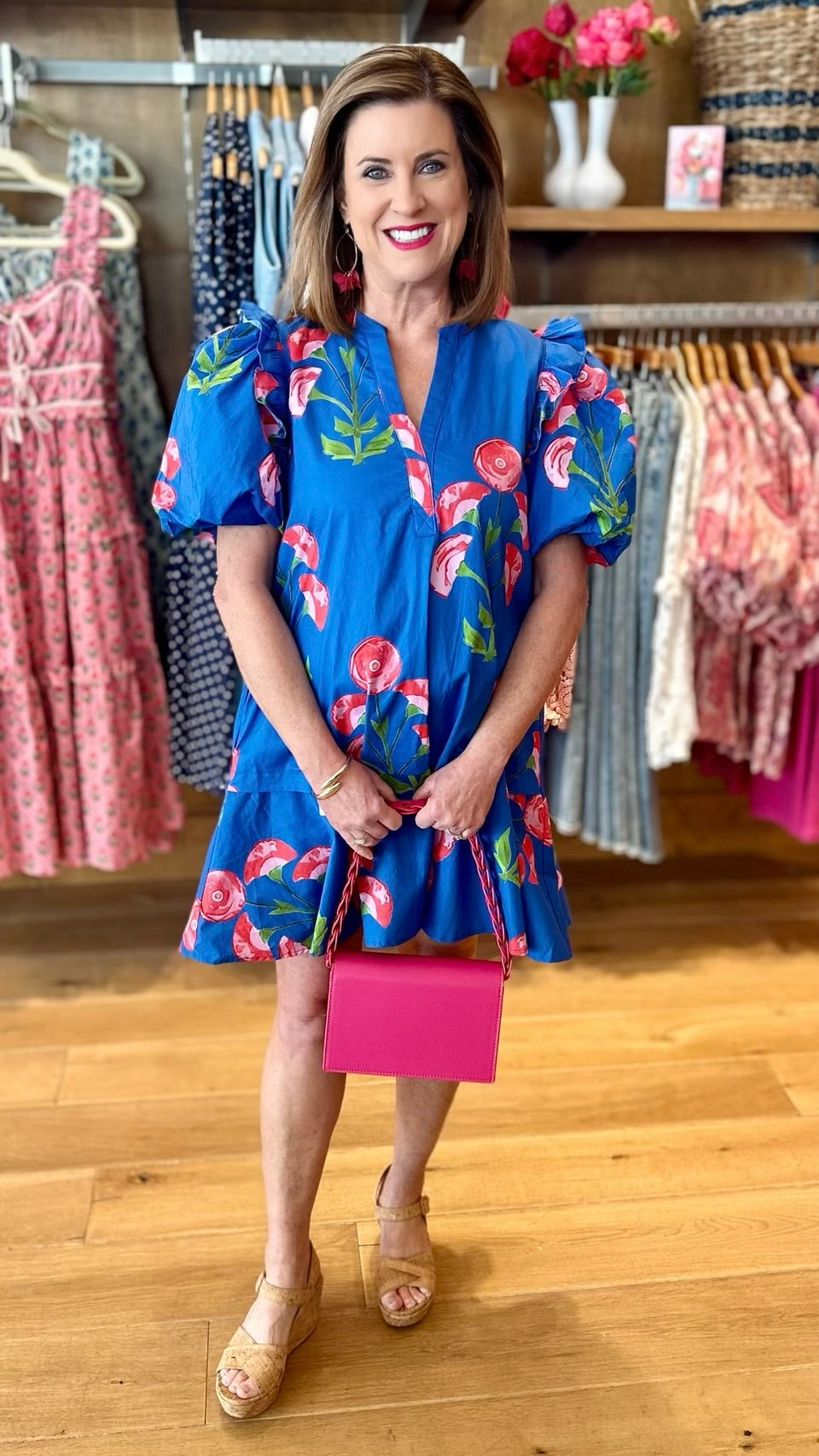 Royal Blue With Red & Pink Poppies Dress