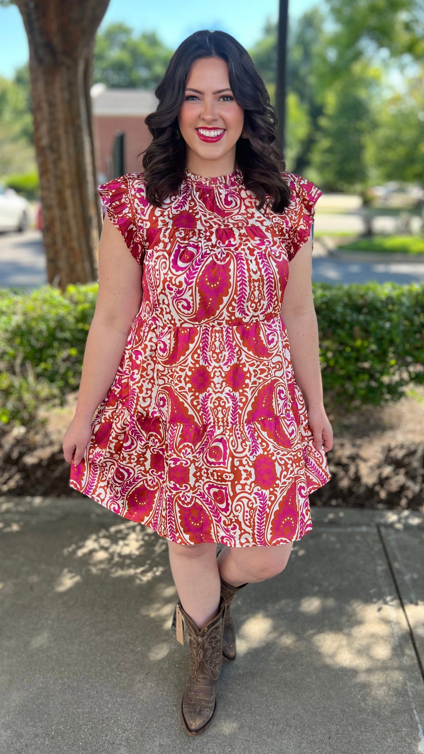 Precious Paisley Tiered Rust Dress