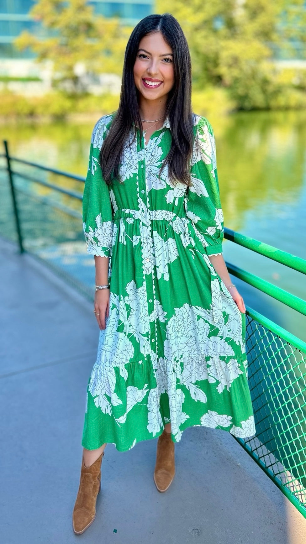 Green Floral Midi Dress with Ric Rac Trim