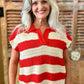 Striped Collared Short Sleeve Sweater - Red and White