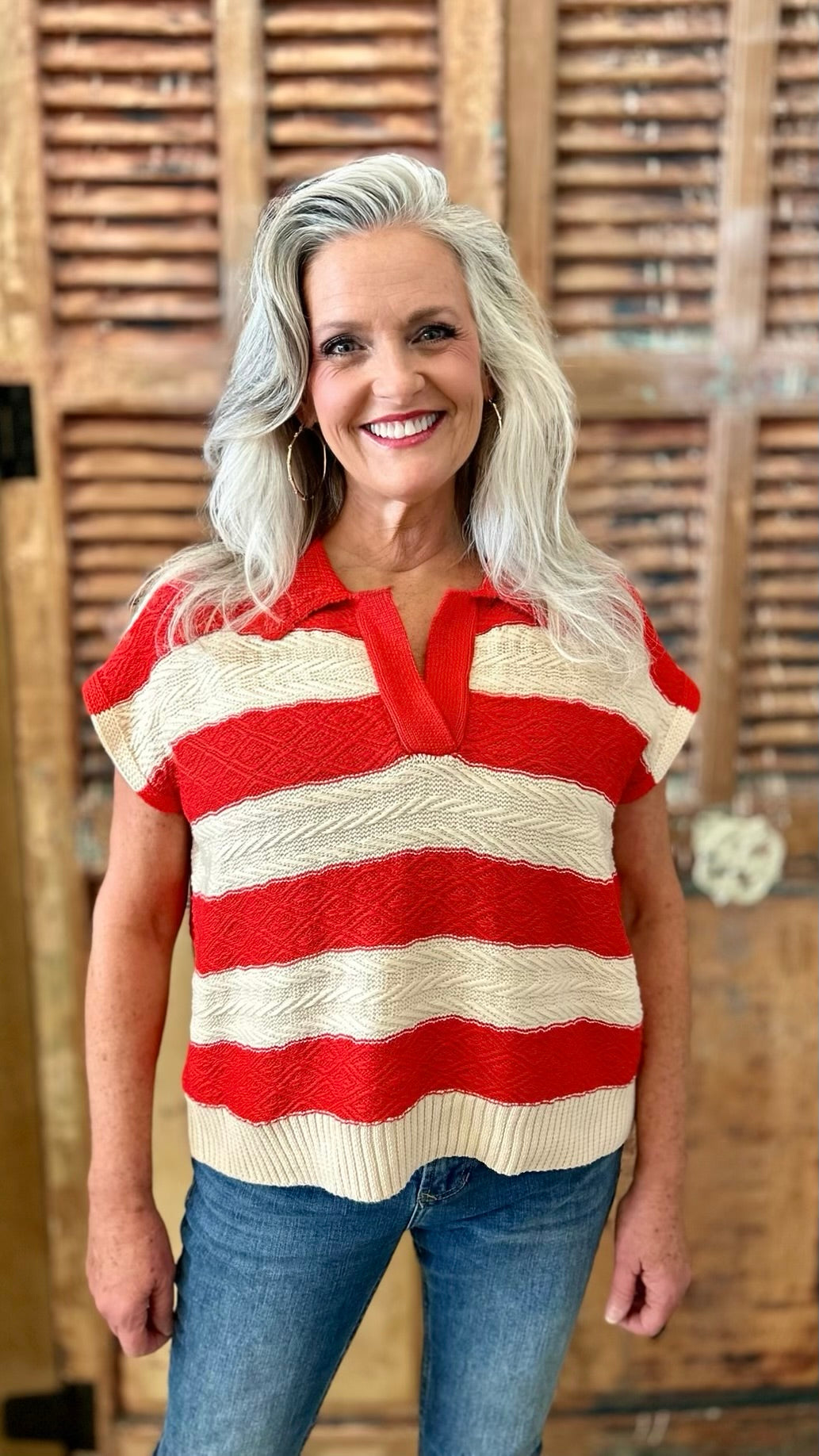 Striped Collared Short Sleeve Sweater - Red and White