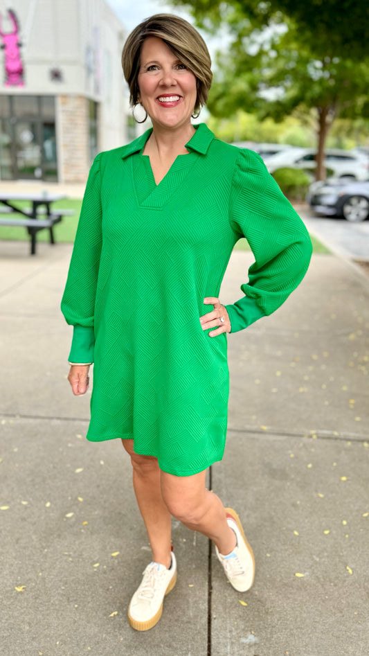 Little Green Long Sleeve Quilted Dress