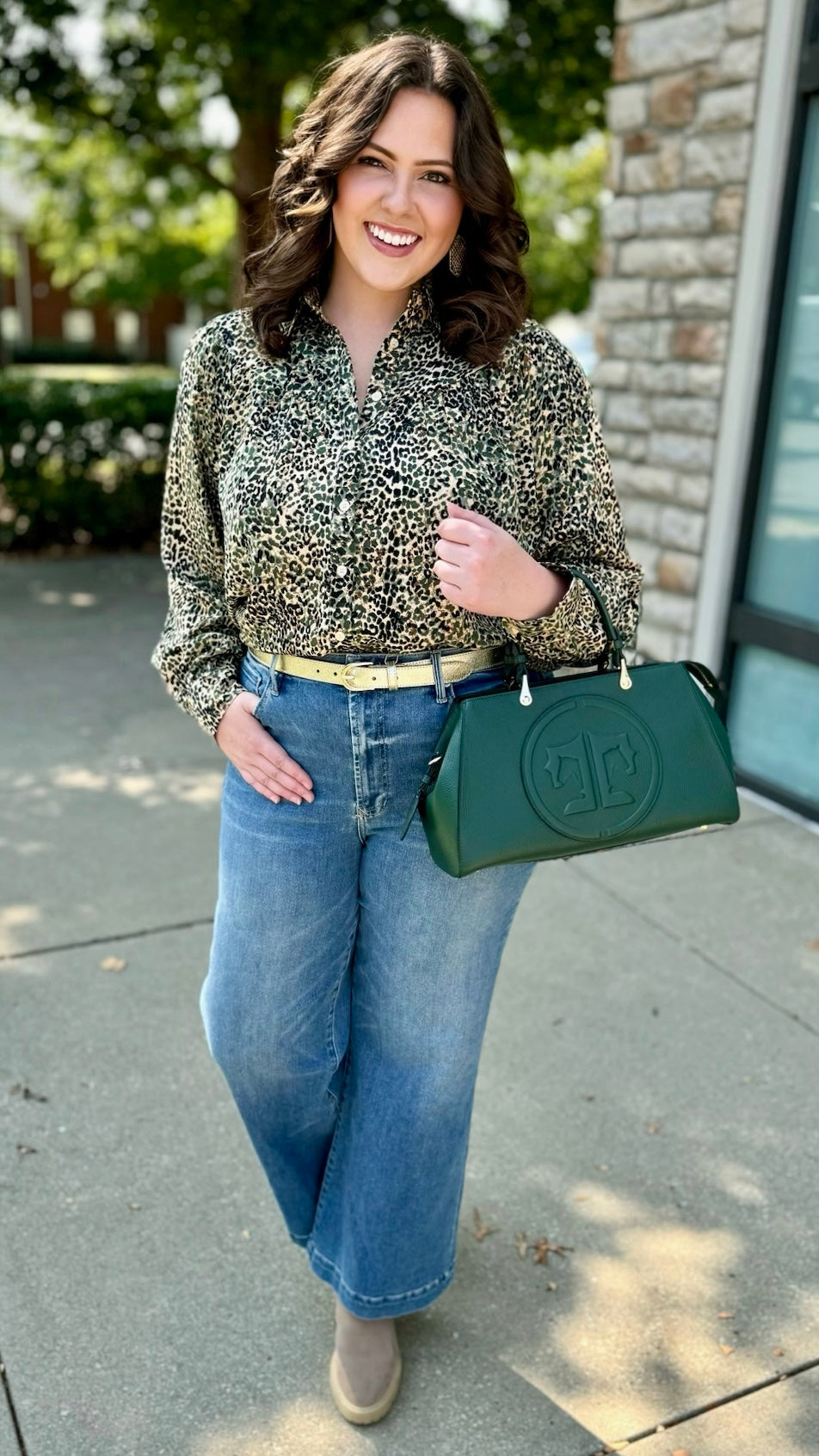 Wild Side Button Down Blouse - Hunter Green