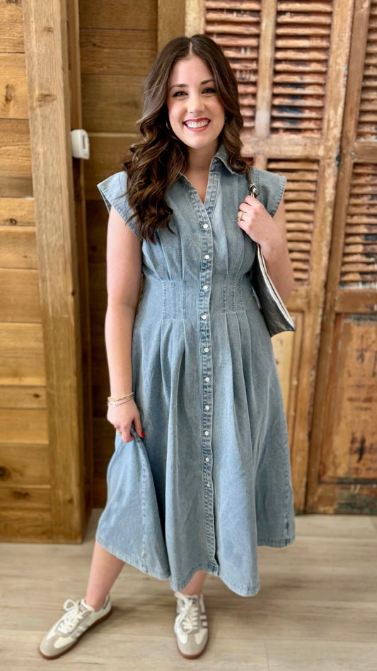 Zip Front Midi Dress - Light Denim