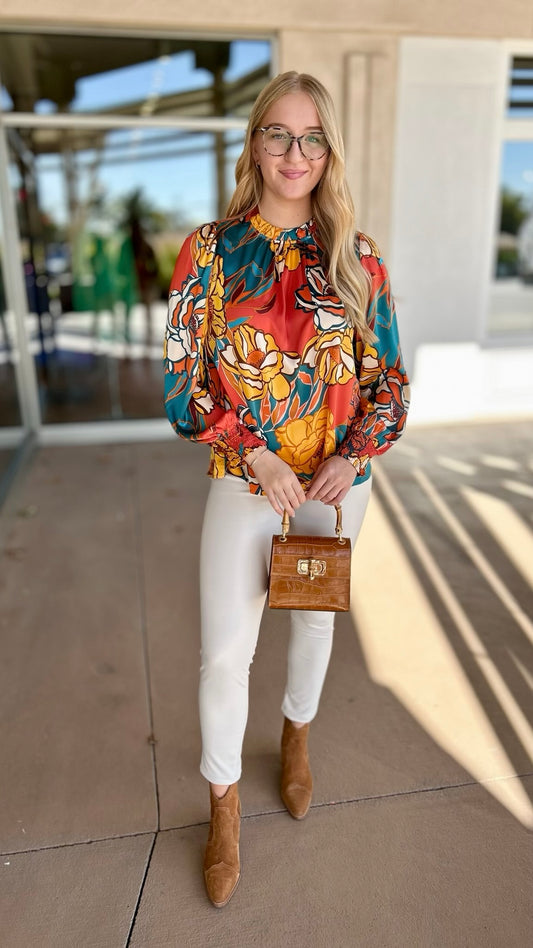 Rust Floral Silky Blouse