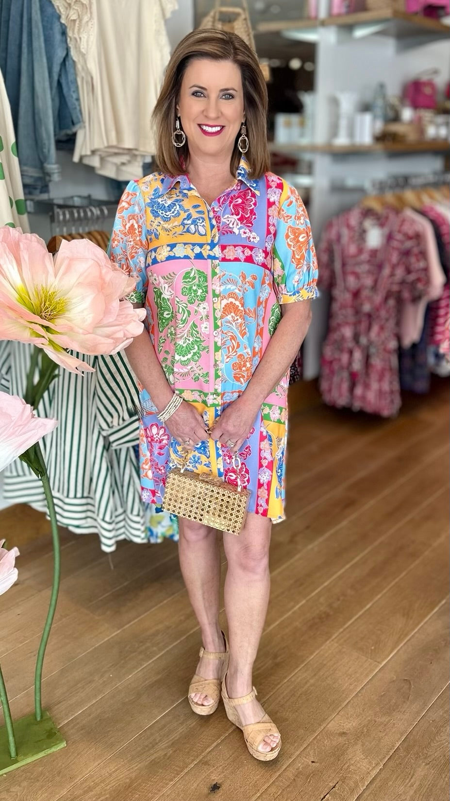 Tropical Floral Tie Shirt Dress - Multi