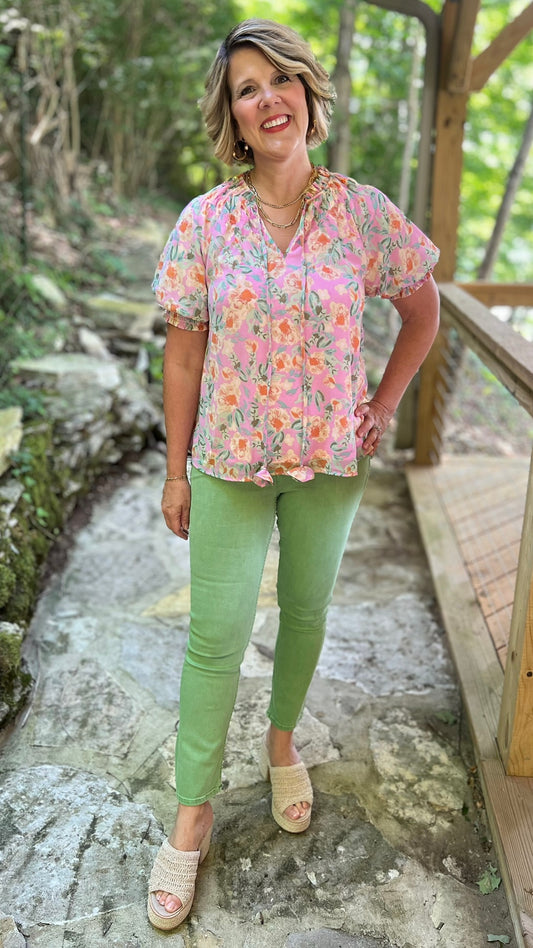 Pastel Floral Puff Sleeve Blouse