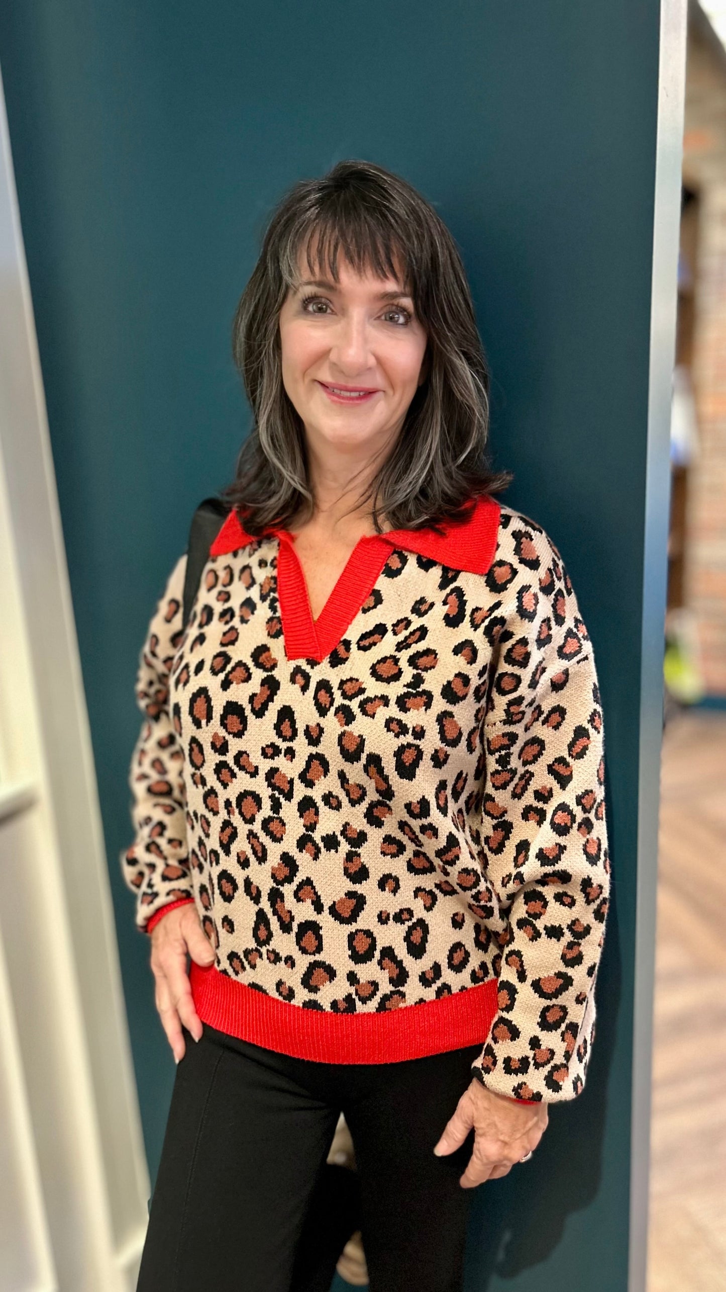 Leopard Red Trim Sweater