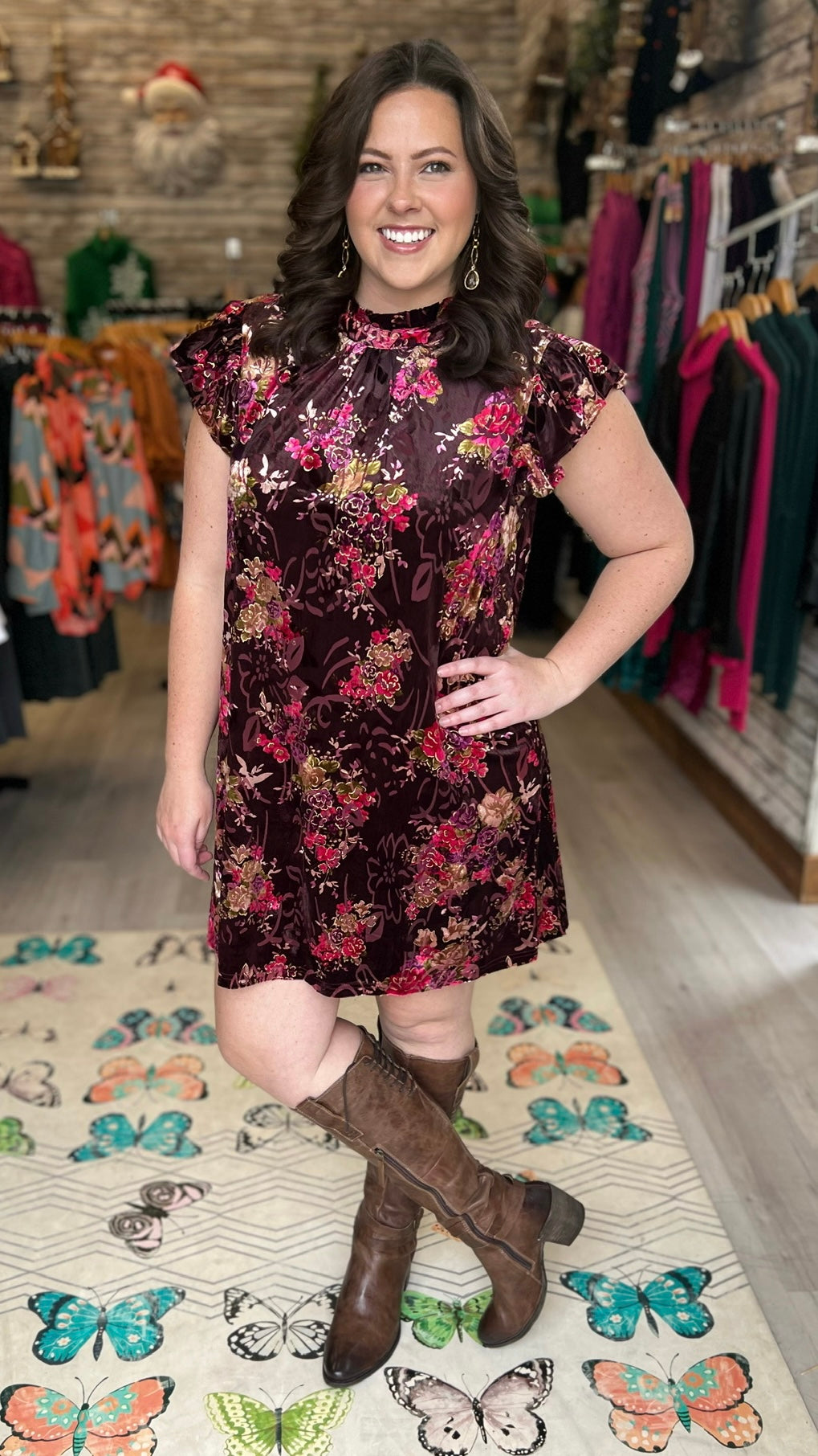 Burgundy Velvet Floral Dress