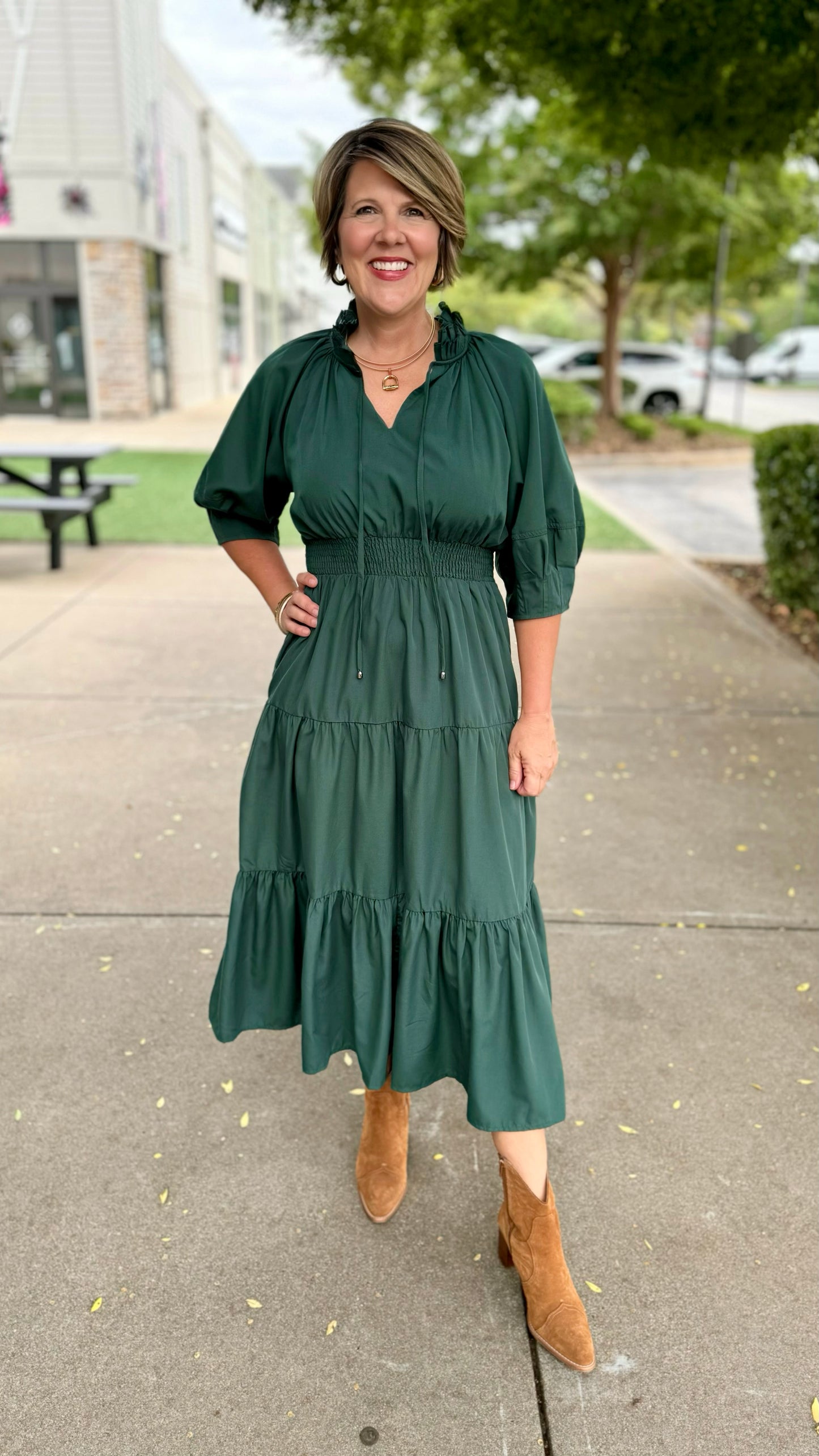 Forest Green Tie Neck Midi Dress