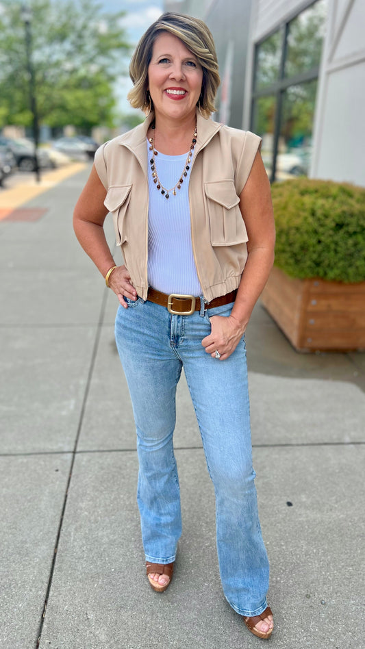 Taupe Mock Neck Zipper Vest