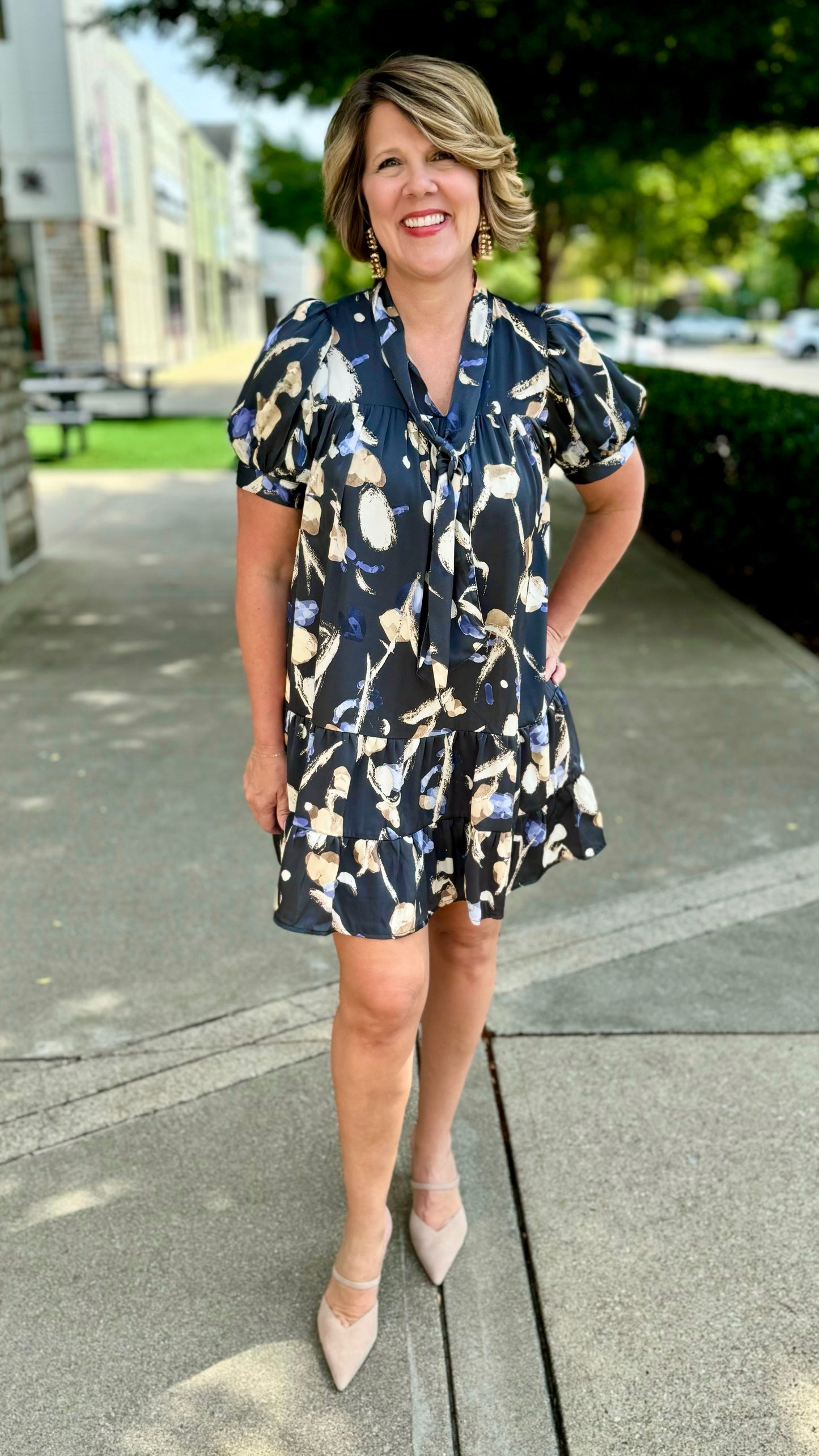 Black Abstract  Floral Tie Neck Dress