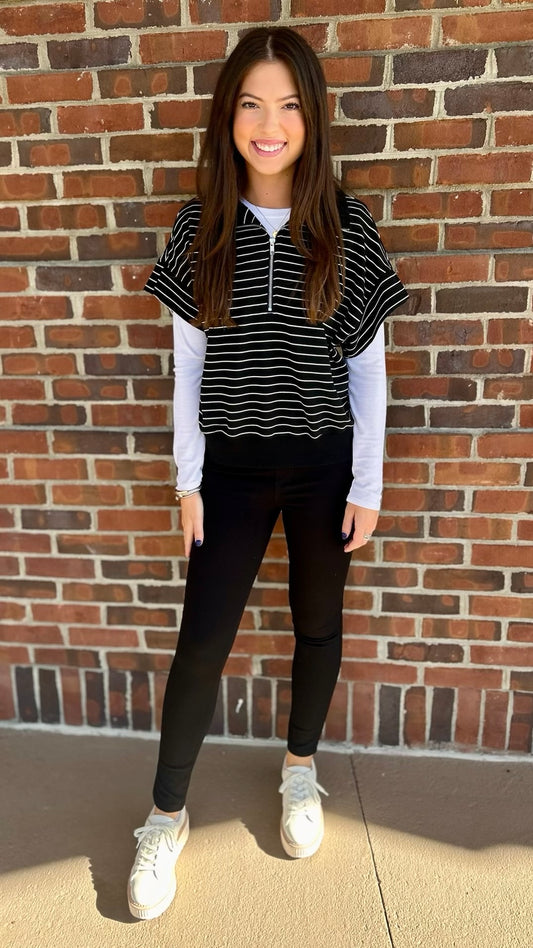 Black and White  Stripe Zip Top