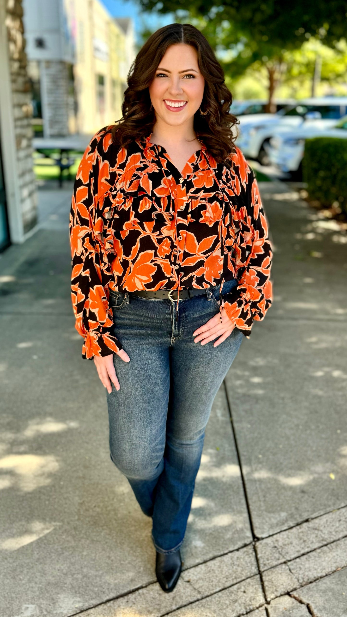 Double Ruffle Button Up Blouse - Orange & Black