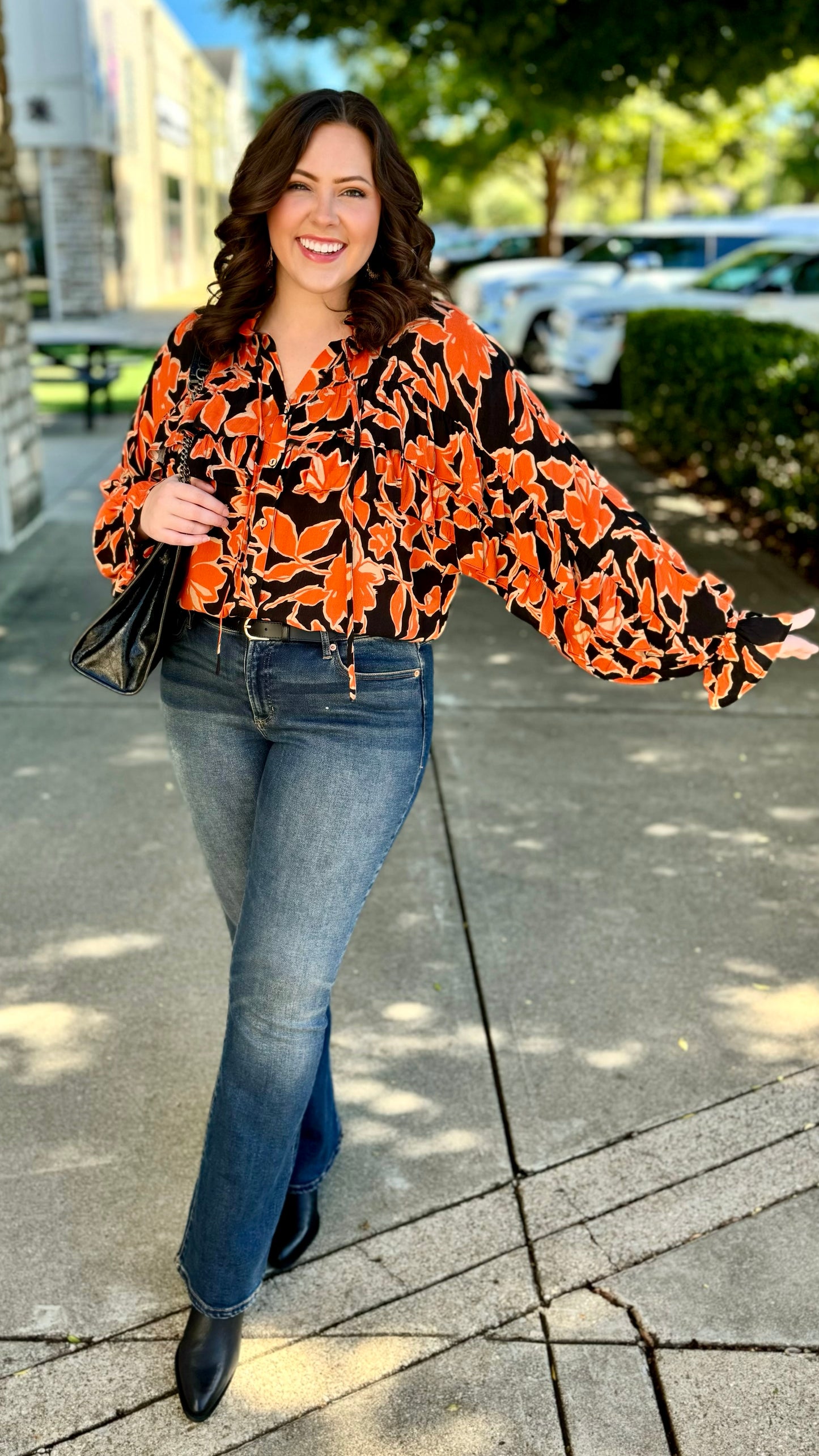 Double Ruffle Button Up Blouse - Orange & Black