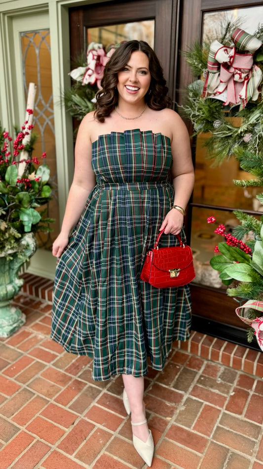 Green Plaid Scallop Strapless Dress