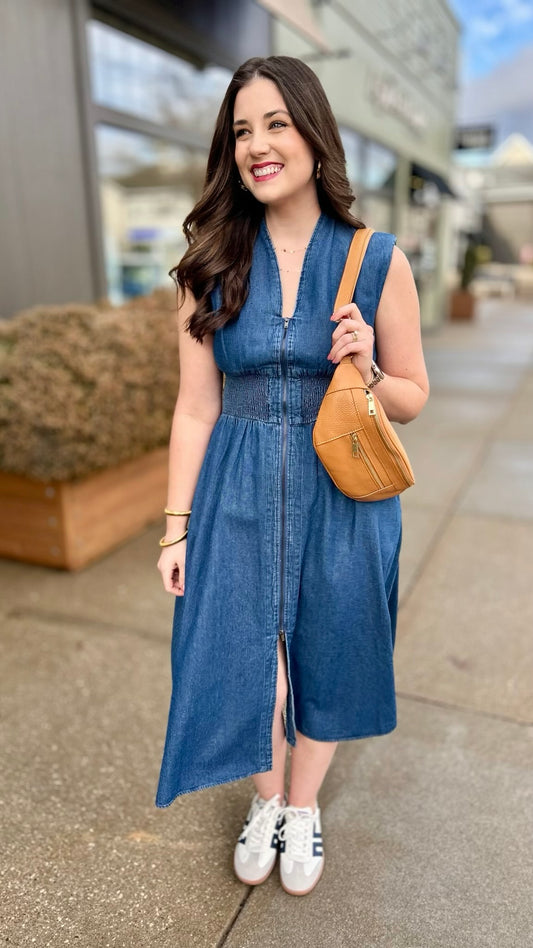 Zip Front Midi Dress - Dark Denim