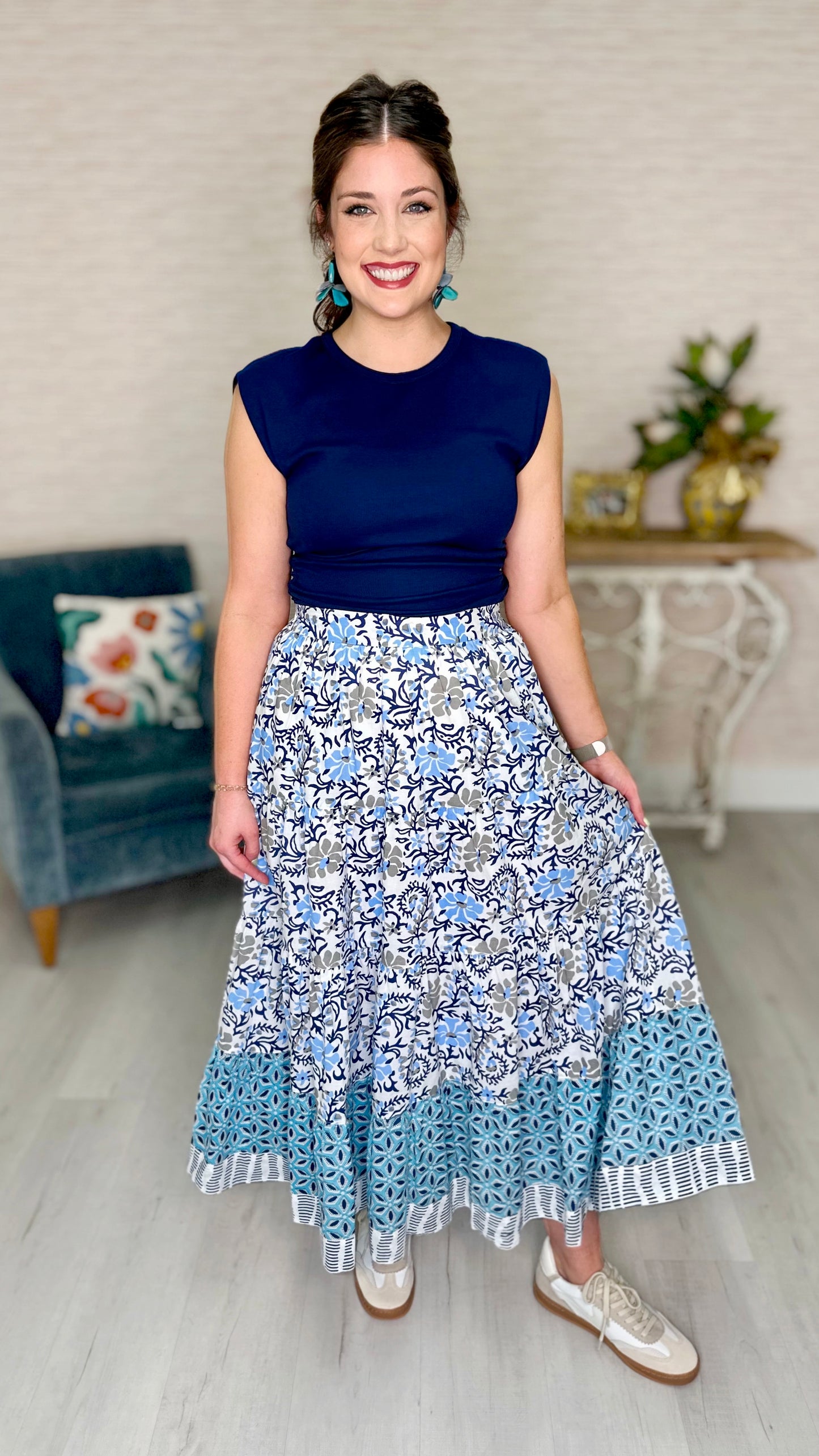 Ivy Jane Many Blues Floral Tiered Maxi Skirt