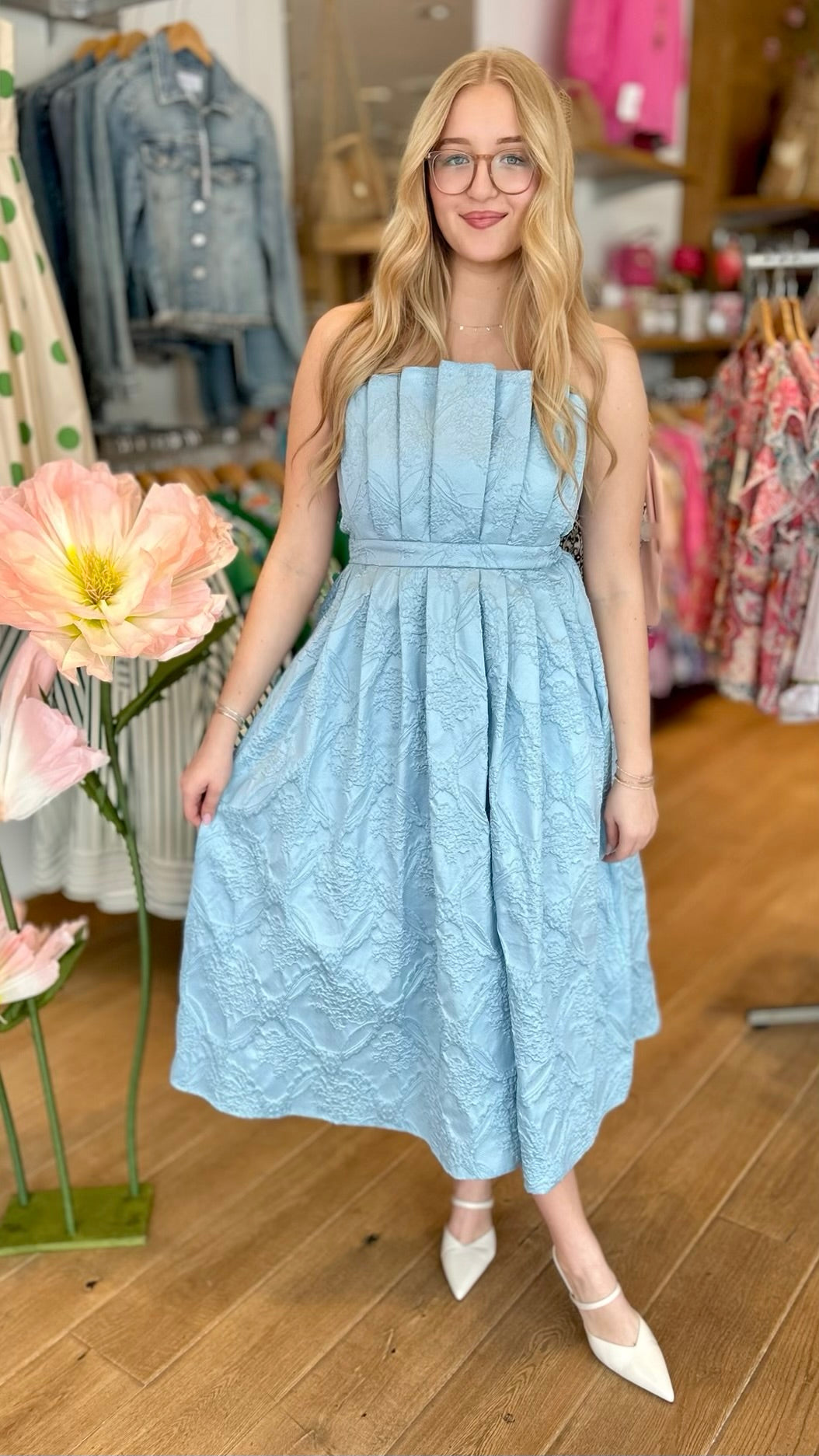 Jacquard Strapless Dress - Light Blue