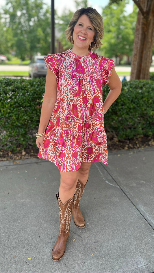 Precious Paisley Tiered Rust Dress